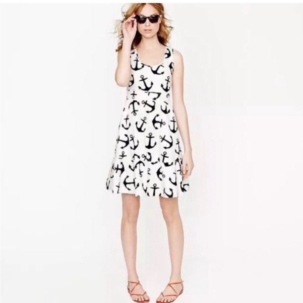 J. Crew Preppy Dizzy Anchor White & Navy Nautical Beach Dress Women’s Size 2